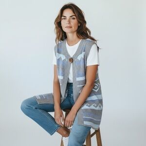 Twist Womens Sweater Vest Sz Medium Blue Gray Boho Longline Wool Southwestern